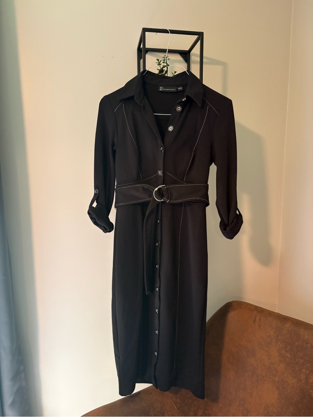 New York & Company Black Button-Front Midi button up Dress with Belt - Picture 2 of 6